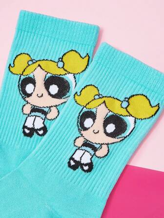 THE POWERPUFF GIRLS X SHEIN 1 Pair Women's Bubbles Pattern Cute & Comfortable Crew Socks