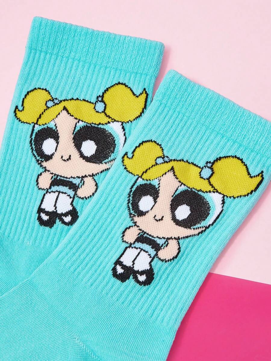 THE POWERPUFF GIRLS X SHEIN 1 双女式泡泡图案可爱舒适中筒袜 - 藍色 - 查看 1