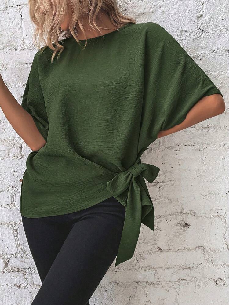 Batwing Sleeve Knot Side Blouse
