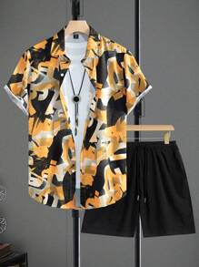 Manfinity Homme Men's Front Button Short Sleeve Printed Simple Top And Shorts Casual Set Tropical Shirt Men - Multicolor - View 5