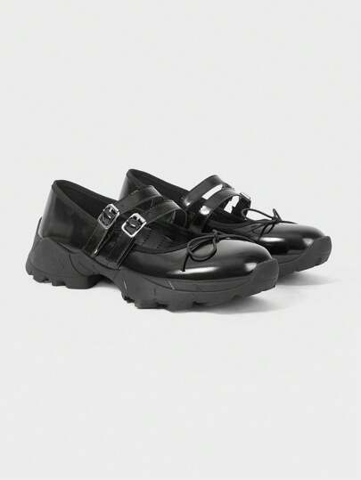 Goth Women's Mary Jane Shoes, Bow Round Toe Functional Ballet Platform Sneakers, PU Material, Black Color, Strap Buckle Design, Suitable For Sports, Graduation, Photography