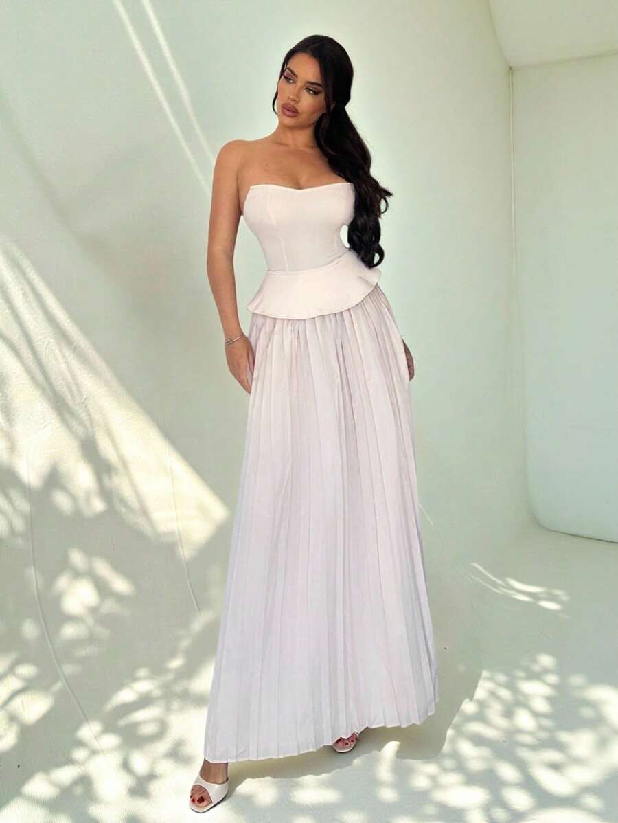 Firerie Summer Women's 2-Piece Set Elegant Off-White Waist Cinched Bandeau Top And Mesh Midi Skirt,Formal Wedding Guest Dress,Resort Outfits For Party,Office