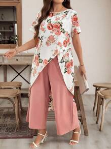 SHEIN Clasi 大码优雅花卉印花不对称下摆衬衫和纯色裤子套装，夏季 - 彩色 - 查看 6