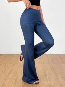 SHEIN PETITE Pantaloni a zampa slim fit con effetto denim, sexy, modellanti il lato B, con vita posteriore raccolta