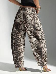 Denimoi 女式休闲做旧动物印花喇叭裤牛仔裤 - 卡其色 - 查看 3