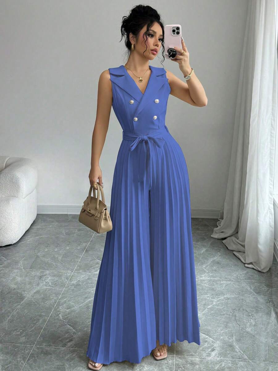 Elenzga Women's Elegant Solid Color Double-Breasted Sleeveless Pleated Jumpsuit, Suitable For Spring And Autumn - Blue - View 1