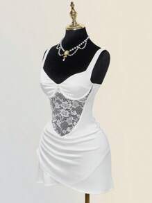 SHEIN ICON Y2K Style Lace Patchwork Ruched Open Back Mini Dress,Club Outfits Women Sexy,Boho Clothes Women - White - View 1