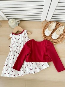 SHEIN Baby Girls Cute Versatile Casual Red Cardigan With Cherry Pattern & Bowknot Decor Knit Dress Set - Multicolor - View 2