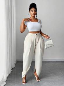 Plus Size Fashionable Pleated Apricot Pocket Maxi Pants - Apricot - View 4