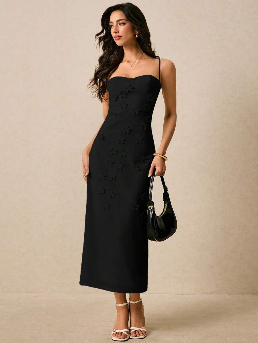 Poéselle Women's Elegant Solid Color 3D Floral Decor Strap Dress - Black - View 1