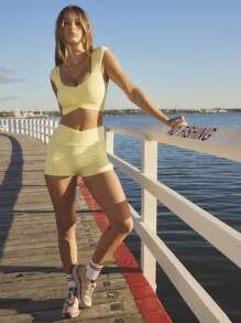 Aralina Leisurewear Summer Yellow Ruche Front Bike Short Ruffle Top Two Pieces Set - Yellow - View 13