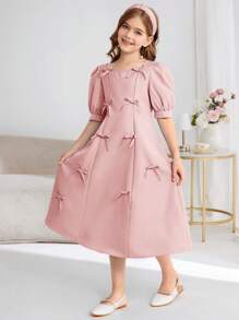 青少年女孩优雅简约精致甜美方领泡泡袖蝴蝶结 A 字长裙，日常穿着 - 淺粉色 - 查看 4