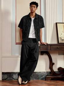 SWAVVY Men's Solid Color Short Sleeve Shirt, Fashionable For Summer, School - Black - View 3