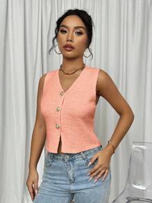 Elenzga 2024新款欧美深V领性感无袖修身针织毛衣背心上衣女士开衫 - 藕粉色 - 查看 3