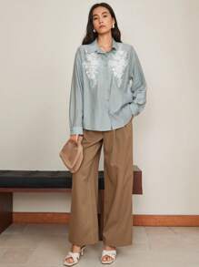 DAZY Women's Dusty Blue Elegant Sequin & Beaded Floral Embroidered Chiffon Blouse,Autumn Brunch Loose Office Commuter Long Sleeve Shirt Business Casual Top - Dusty Blue - View 2