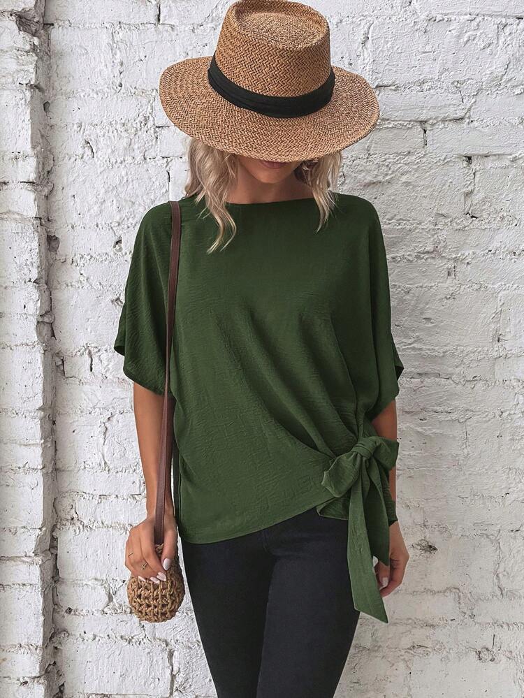 Batwing Sleeve Knot Side Blouse