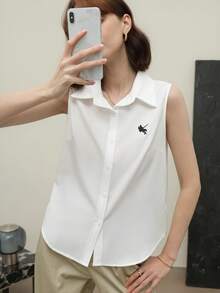 EMERY ROSE 女式前扣无袖印花休闲衬衫，适合日常穿着 - 白色 - 查看 2