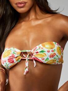 MISSGUIDED Fruit Print Ruched Bandeau Bikini Set Summer Beach Swimwear High Cut Tie Side Bottom Pool Party Resort Wear