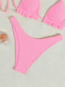SHEIN Swim 女款夏季海灘素色掛脖綁帶性感比基尼泳衣套裝，無鋼圈 - 淺粉色 - 查看 5