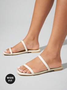 SHUZIA Wide-Fit Women's Two Thin Band Round Toe Flat Slide White Sandals - Apricot - View 3