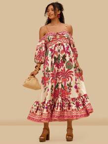 Travachic Plus Size Tropical Print Off Shoulder Long Dress,Summer Dresses For Women - Orange - View 6