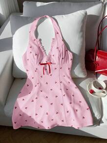 Comfortcana Đầm mini cổ chữ V sâu in họa tiết quả anh đào trang trí nơ gợi cảm cho nữ - Hồng - Xem 7