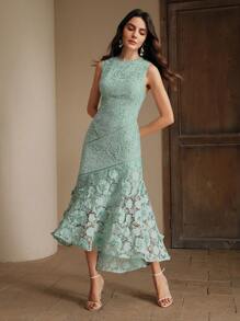Anewsta Women's Elegant Round Neck Lace Hollow-Out Splice Dress, Spring & Summer - Mint Green - View 6