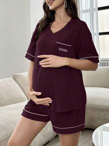 孕妇撞色装饰口袋字母印花短袖短裤睡衣套装 - 酒紅色 - 查看 3