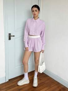 SHEIN Teen Girls Casual Simple Comfort Stripe Shirt & Belted Pants Set - Pink - View 5