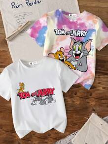 TOM & JERRY X SHEIN Tween Girl 2pcs Cartoon Print Short Sleeve Crew Neck T-Shirt, Summer
