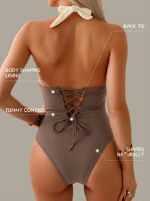 Shapewave Bộ đồ bơi liền thân kiểm soát bụng, thiết kế phối màu với cổ yếm và dây đeo sau lưng - Nhiều màu - Xem 2