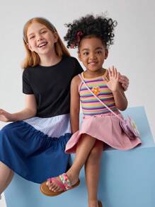 SHEIN Young Girl Floral Patched Striped Halter Top