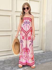 SHEIN Tween Girl Vacation 2pcs/Set Printed Cami & Pants Outfit, Minimalist Fashion Casual Daily Wear - Pink - View 7