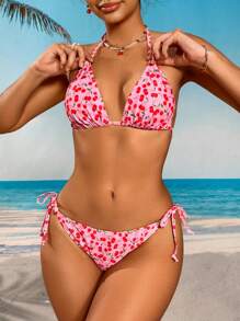 Swim Mod Conjunto de bikini de mujer con estampado de cerezas y estilo de vacaciones, tipo halter