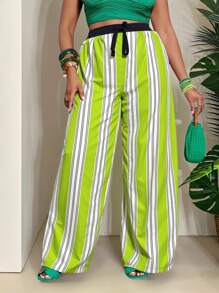 Slaydiva Pantalones largos de mujer de talla grande con estampado a rayas, ideales para festivales de música, fiestas y vacaciones - 2025 Nueva Moda