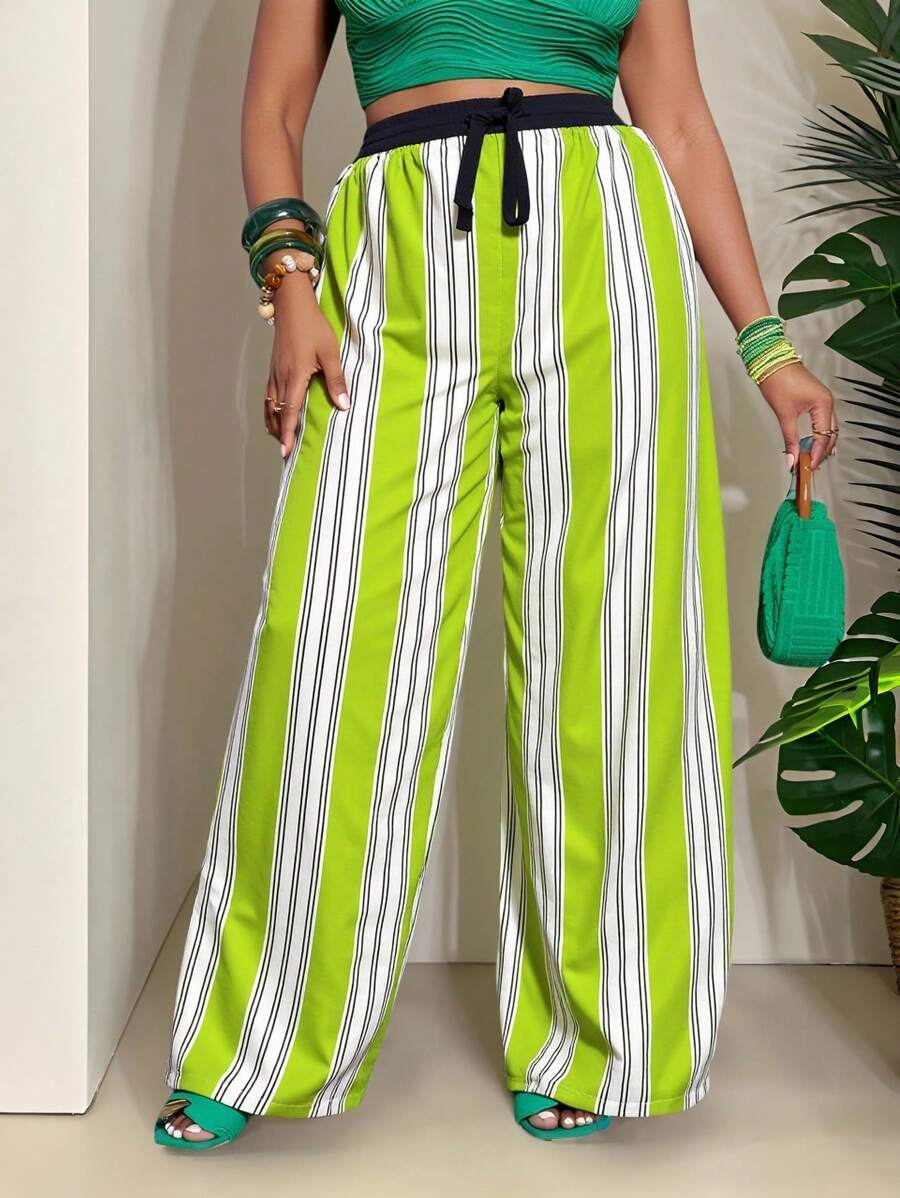 Slaydiva Pantalones largos de mujer de talla grande con estampado a rayas, ideales para festivales de música, fiestas y vacaciones - 2025 Nueva Moda