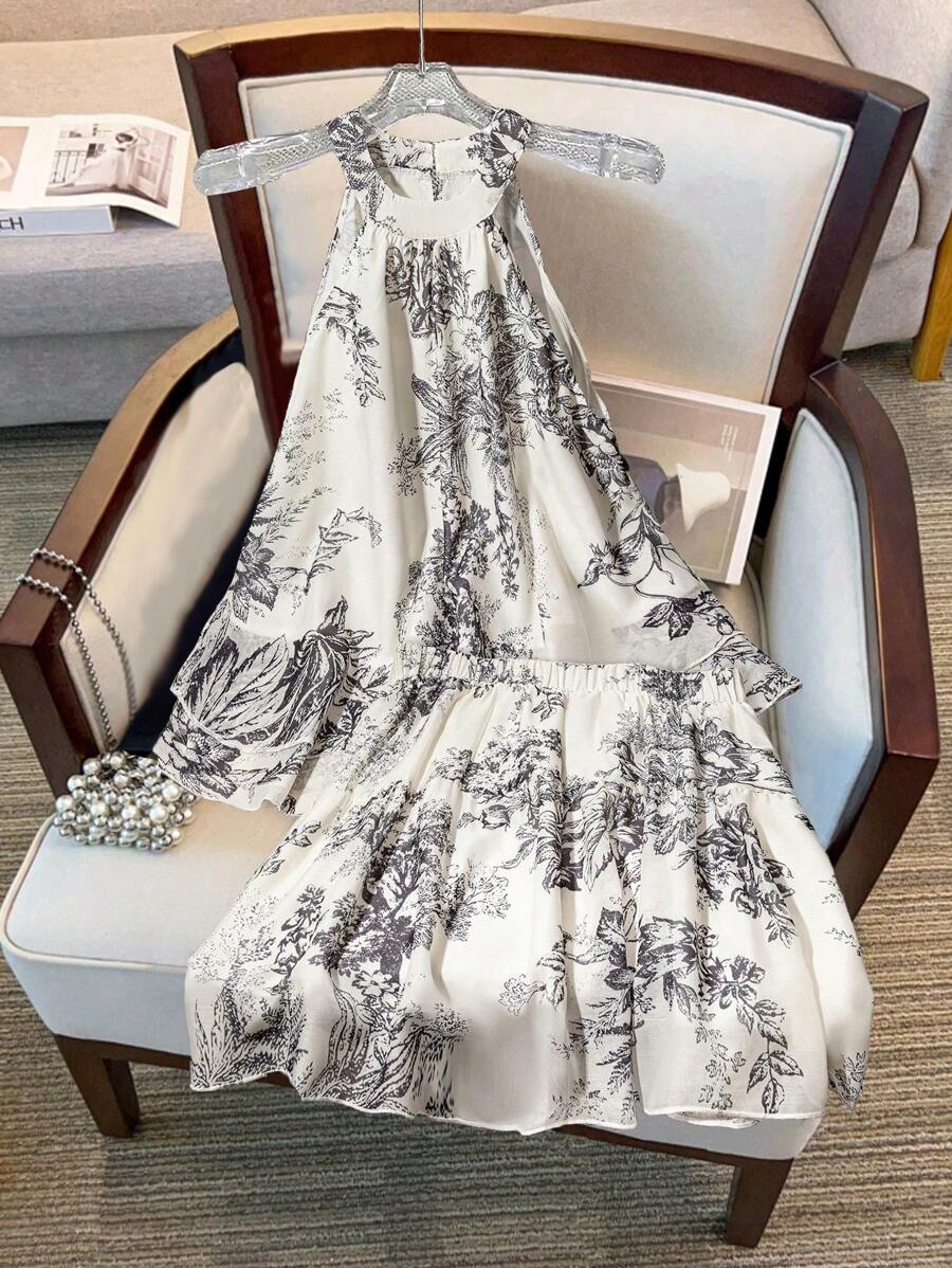 SHEIN LUNE 2pcs Women Summer Ink Print Sleeveless Halter Blouse & Mini Skirt Set