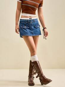 Muvela 女式蓝色牛仔短裙带口袋，低腰迷你裙裤配腰带，INS风，休闲学院风 - 中等水洗藍 - 查看 7