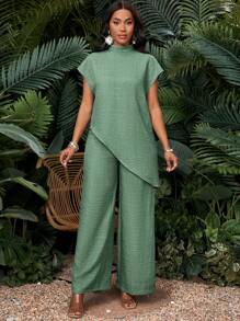 SHEIN Lady Bộ 2 áo thun tay ngắn cổ đứng viền bất đối xứng màu trơn và quần dài cho nữ - Màu xanh Bạc hà - Xem 9