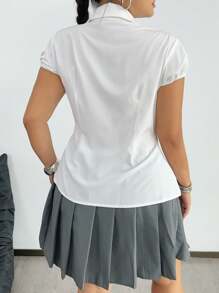 POPSWAY Camisa de manga corta de moda para mujeres de talla grande con mangas de bolsa de hombro y parte frontal fruncida