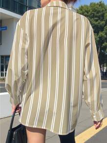 INAWLY 女式宽松前扣条纹印花长袖休闲衬衫 - 白色 - 查看 2