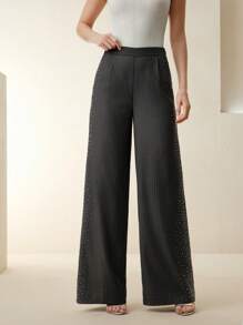 Anewsta Women's New Style Wide-Leg Grey Rhinestone Embellished Pants, Straight Cut - Grey - View 3