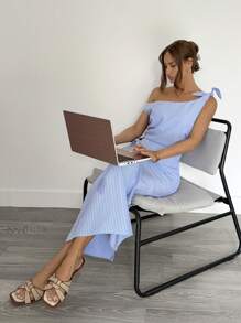 Siren Gaze Váy sọc đuôi cá xếp nếp cổ bất đối xứng thanh lịch cho nữ, mùa hè - Màu xanh lam - Xem 5