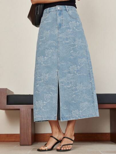 Dazy-Less Falda vaquera recta de estilo suelto para mujer, con abertura alta, bordado jacquard y diseño casual para oficina y negocios