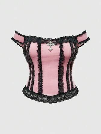 Kawaii Gothic Vintage Palace Style Contrast Color Lace Trim Cross Velvet Plus Size Women Top