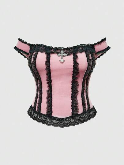 Kawaii Top de mujer de talla grande con estilo vintage de palacio gótico, adorno de encaje a contraste y cruz de terciopelo