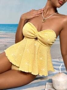 Swim Vcay Conjunto de Maiô Tankini com Franzido Bandeau para Mulheres, Ideal para Praia de Verão - Amarelo - Visão 6