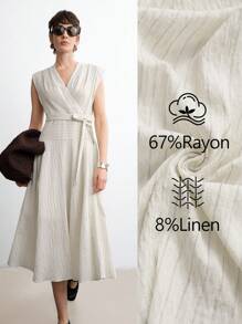 Aalyst Váy chữ A không tay cổ chữ V thanh lịch dệt vải lanh sọc trắng be cho nữ mùa hè để đi chơi, đám cưới, những dịp trang trọng - trắng - Xem 1