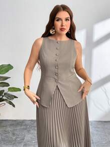 Firerie Plus Size Women's Commuter New Faux Pocket Decor Boat Neck Khaki Valentine's Day Office Lady Chic Commuter Elegant High Street Blazer Vest, Blazer & Pleated Skirt 2 Pieces Set/Valentine's Day/Concert/Performance Costumes/Dating/Senior Banquet/Dance/Wedding Season/Sexy/Elegant/Commuting/Back To School Season/Vacation/Beach/Elegant Romance/Office Enchantress/Siren Style/Birthday Party Outfits,Business Casual Woman,Old Money Style Women/Teacher Outfits For Women/Back To School /School Clothes