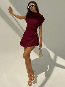 Aloruh 女式纯色短袖中长连衣裙 - 酒紅色 - 查看 5